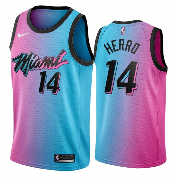 Men's Miami Heat #14 Tyler Herro 2021 Blue/Pink City Edition Vice Stitched Jersey Men's Miami Heat #14 Tyler Herro 2021 Blue/Pink City Edition Vice Stitched Jersey